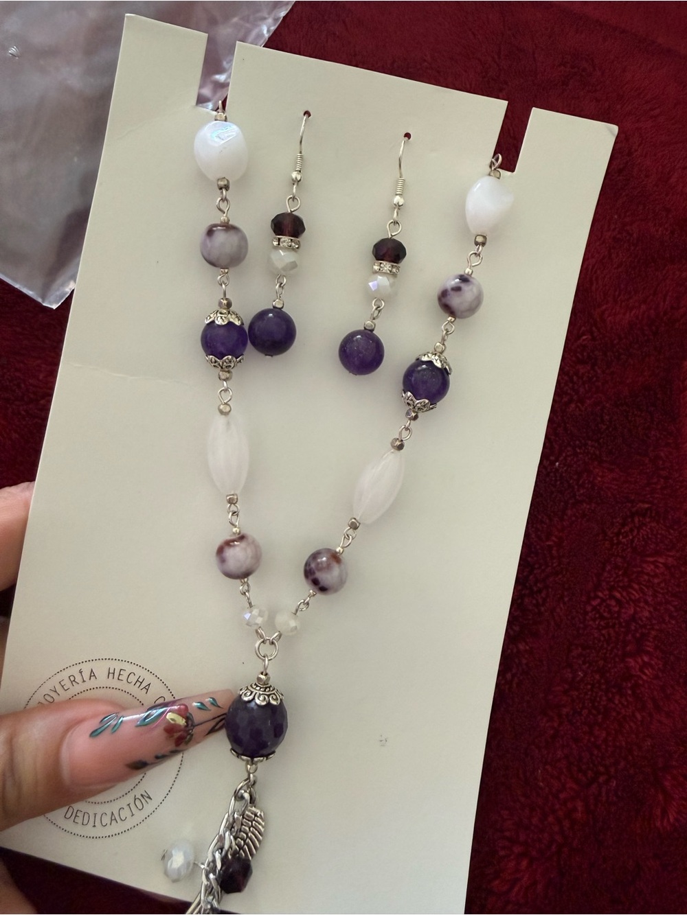 Handmade Purple & White Beaded Necklace and Earrings Set